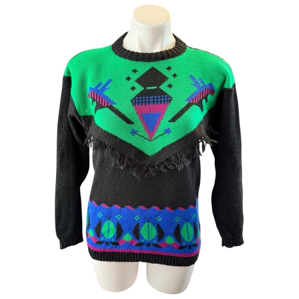 Vintage 80s Southwestern Fringe Sweater Black Green Purple Geometric Knit S/M
